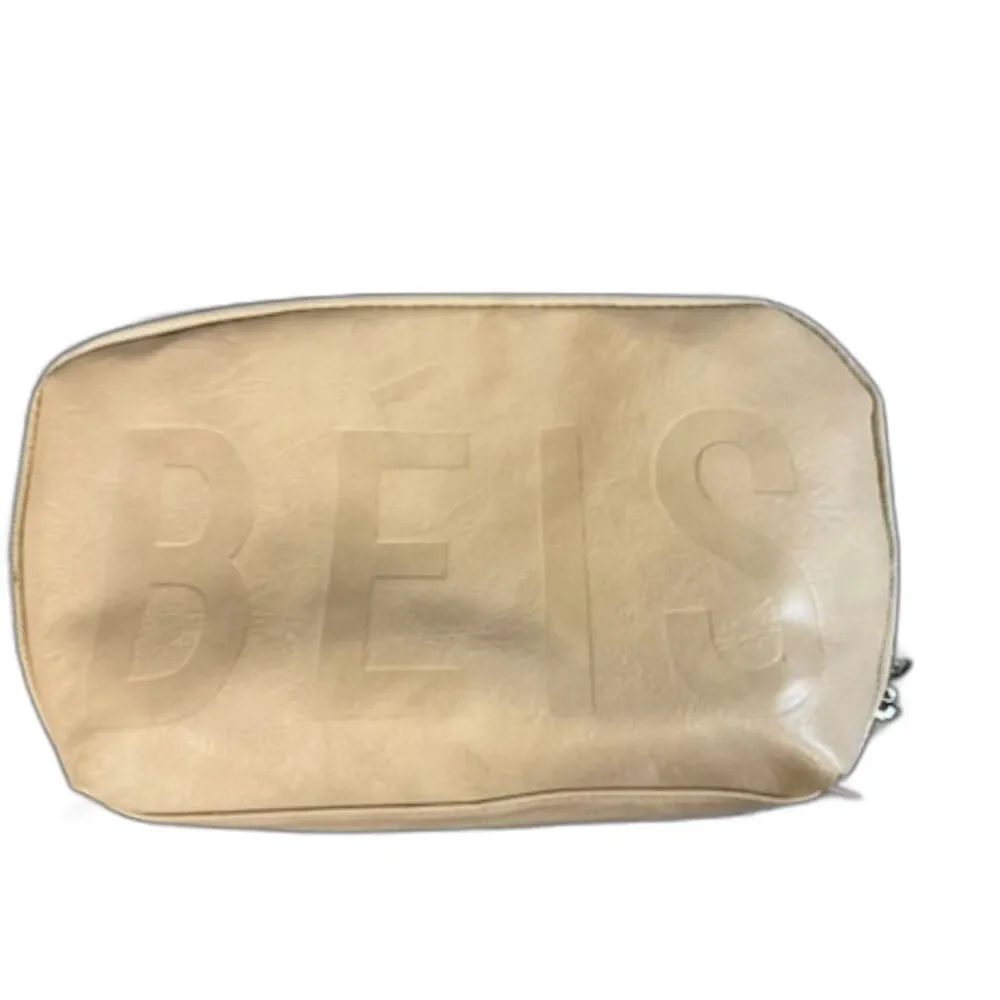 BÉIS Beige Cosmetic Pouch Faux Leather Embossed Logo Travel Makeup Bag